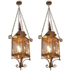 Pair of American Brass and Wrought Iron Hanging Gasolier Lanterns, Circa 1840