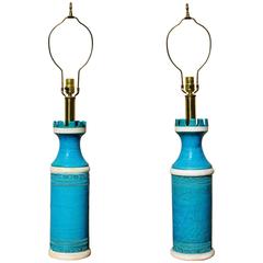 Pair of Bitossi Rimini Blue Ceramic Castle Lamps, Italian