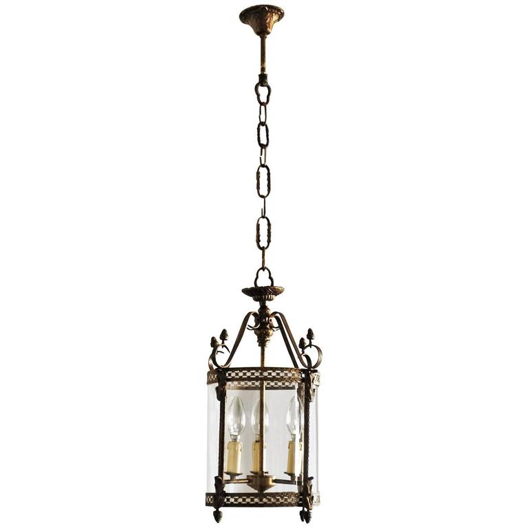 Art Nouveau Brass and Glass Cylinder Lantern Pendant Chandelier, circa 1910 at 1stDibs