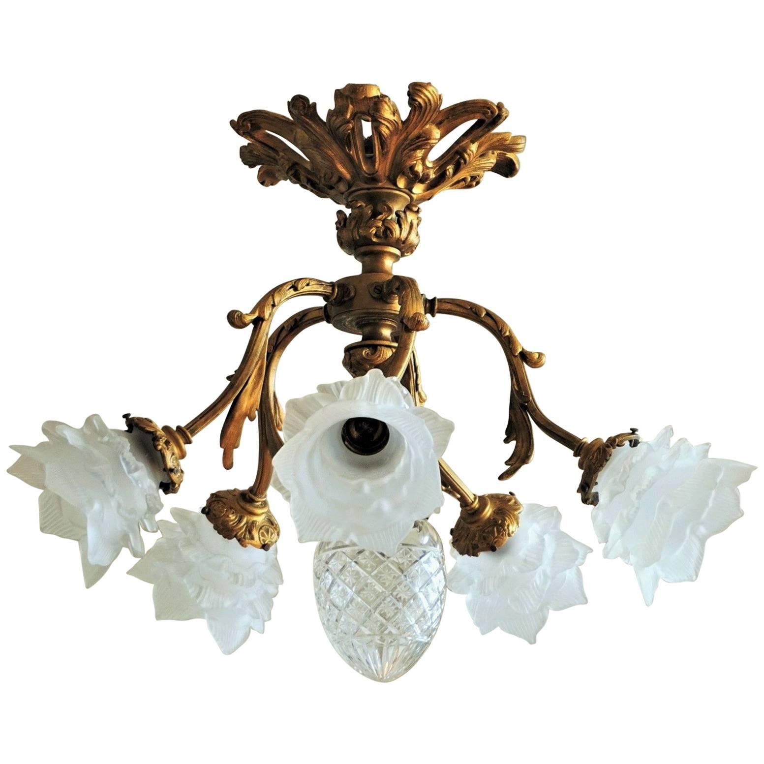 Late 19th Century French Art Nouveau Gild Bronze Six-Light Chandelier Plafoniere