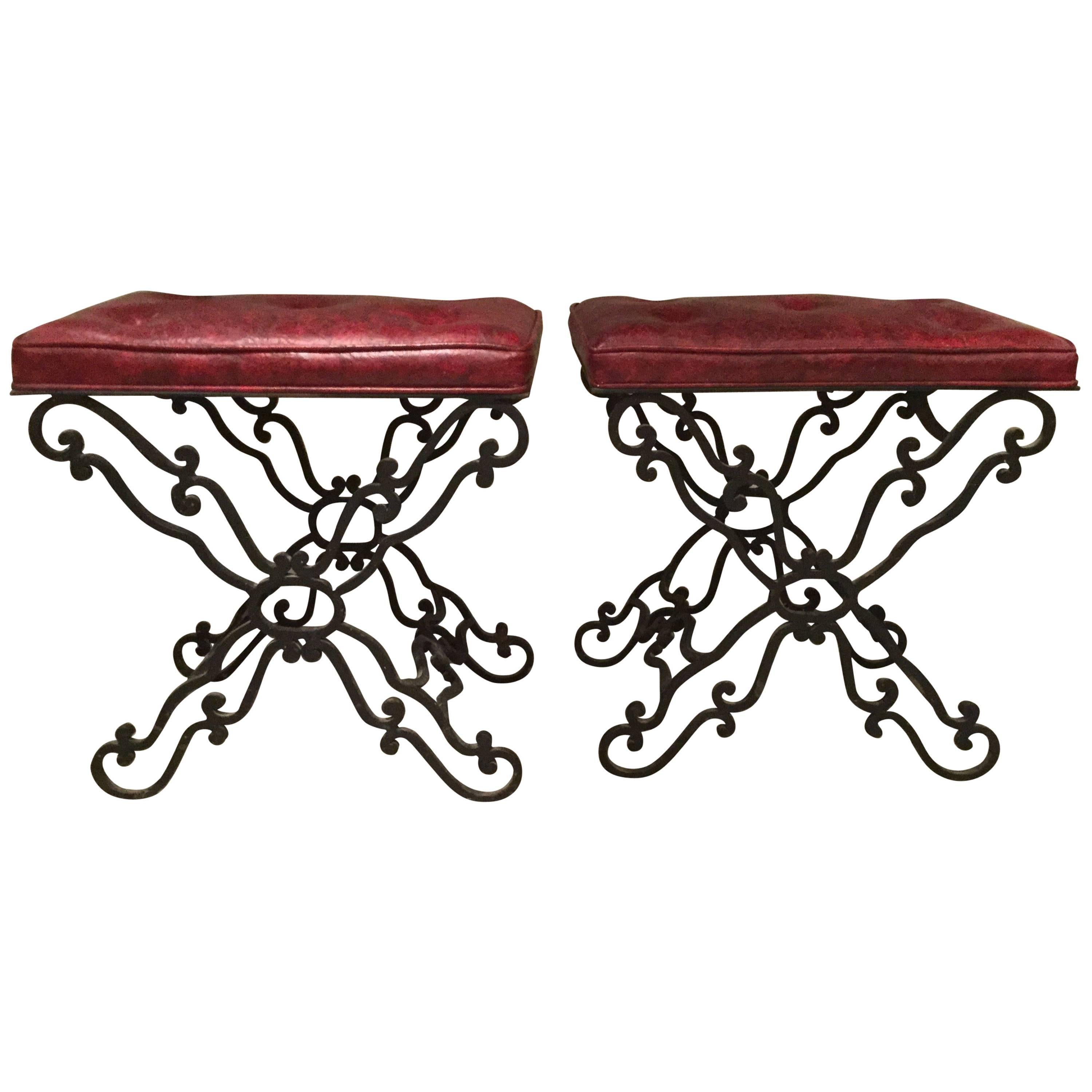 Pair of Continental Wrought Iron Benches or Ottomans