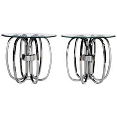 Milo Baughman Style Chrome Ring Glass Top Tables, Pair 10