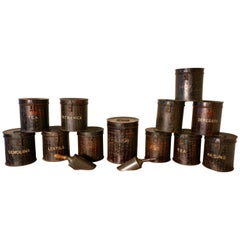 Used 12 Large Victorian Grocers Tolewear Canisters and Tins with Scoops