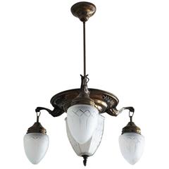 Art Deco Brass Four-Light Chandelier Pendant with Hand-Cut Glass Globes 7
