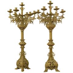 Pair of Gothic Style Brass Candelabras