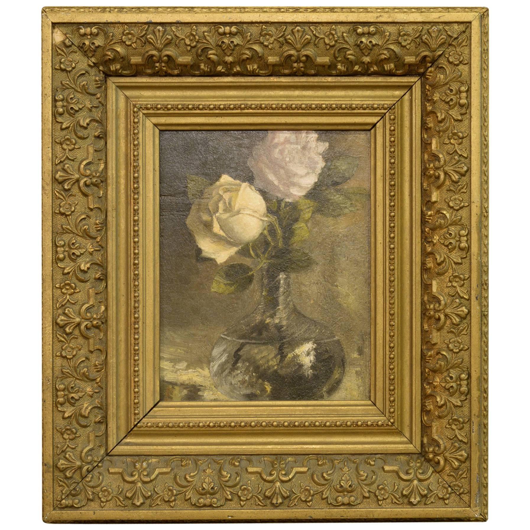 Oil on Panel of Roses in Vase For Sale