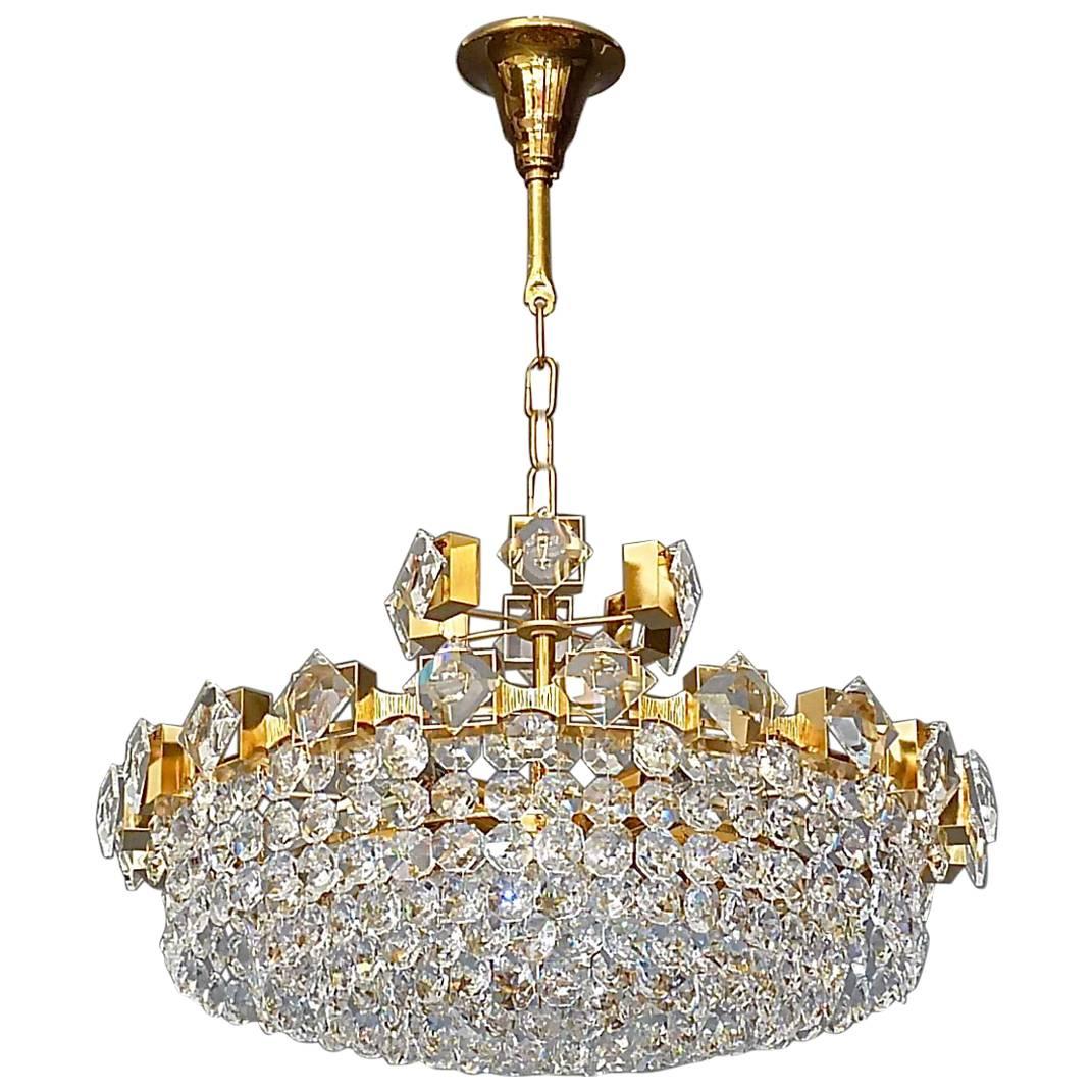 Large Palwa Chandelier Gilt Brass Faceted Crystal Glass 1960 Lobmeyr Style For Sale