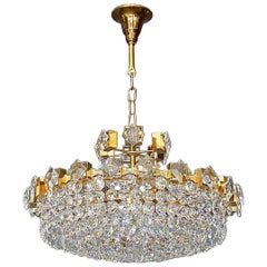 Modernist Gilt Brass Faceted Crystal Glass Chandelier by Palwa Germany, 1960