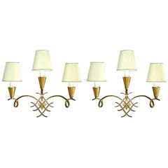 Elegant Pair of Large French Art Deco Bronze Wall Lights Sconces by Leleu, 1930s 7