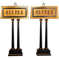Pair of 1950s Camp Classical Double Column Lamps with Embellished Shades 8