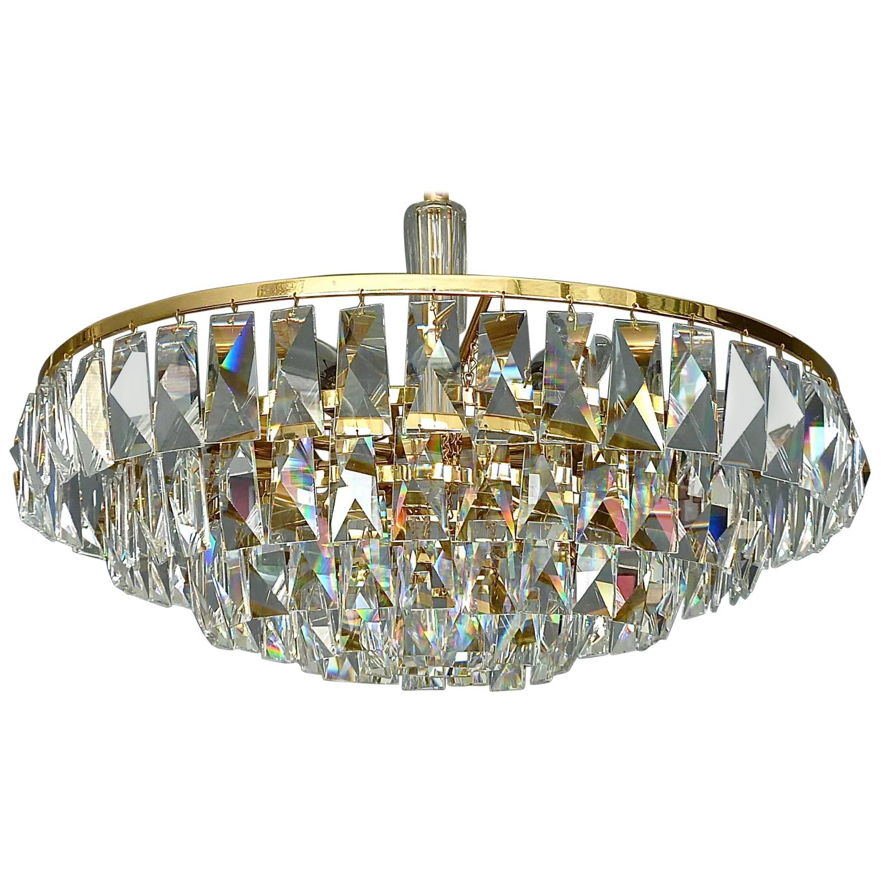 Fine Large Palwa Chandelier Gilt Brass Faceted Crystal Glass Five-Tiers, 1960s