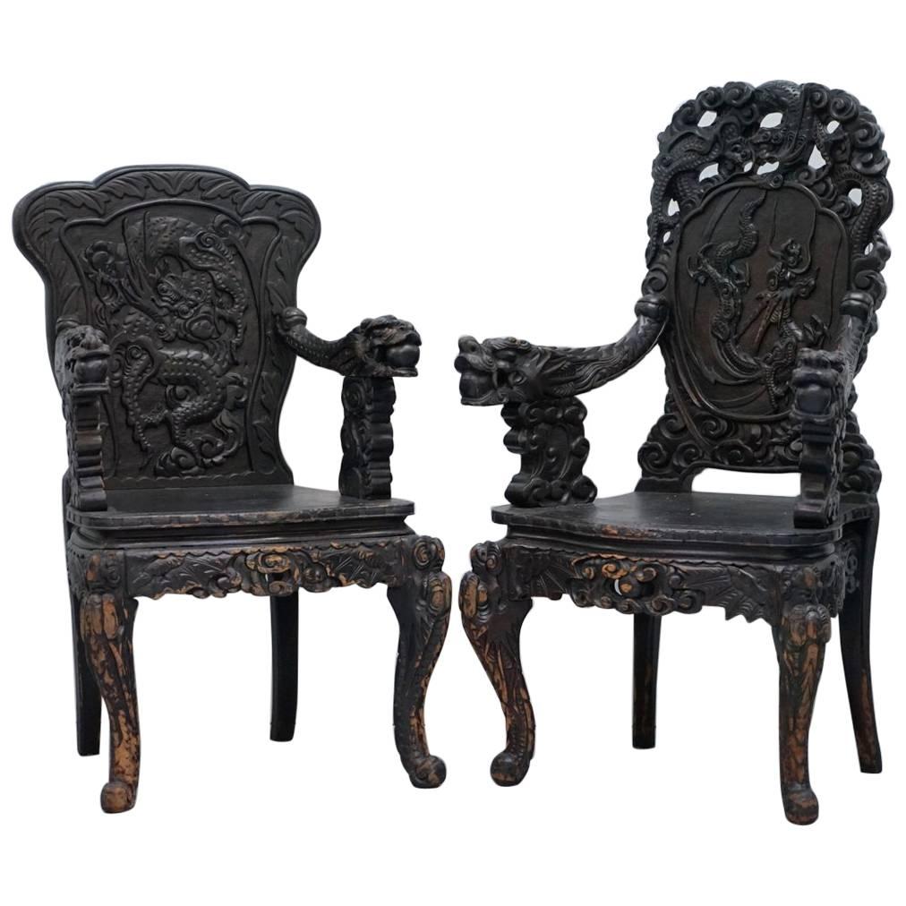 Pair 19th Century Qing Dynasty Carved Rosewood Chinese Dragon Throne Chairs