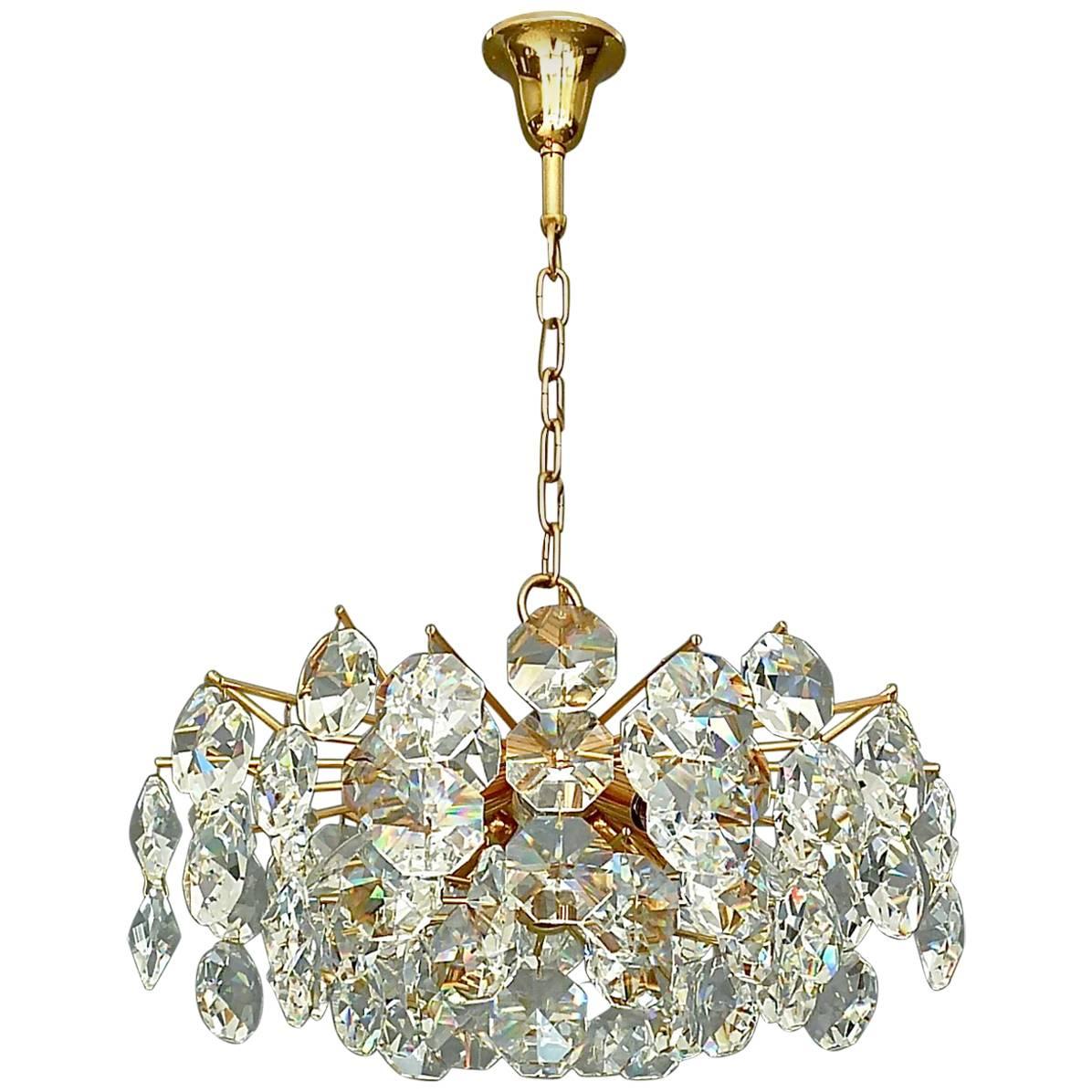 Noble Palwa Chandelier Mid-Century Gilt Brass Faceted Crystal Glass Sputnik 1960 For Sale