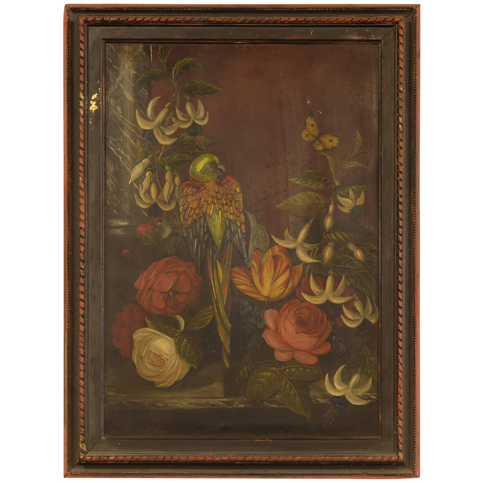 Framed 19th Century Oil on Tin of Parrot For Sale