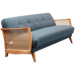 1950s Couch with Bast Armrests, Reupholstered