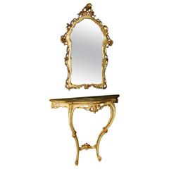 20th Century Venetian Console Table with Mirror in Lacquered and Giltwood