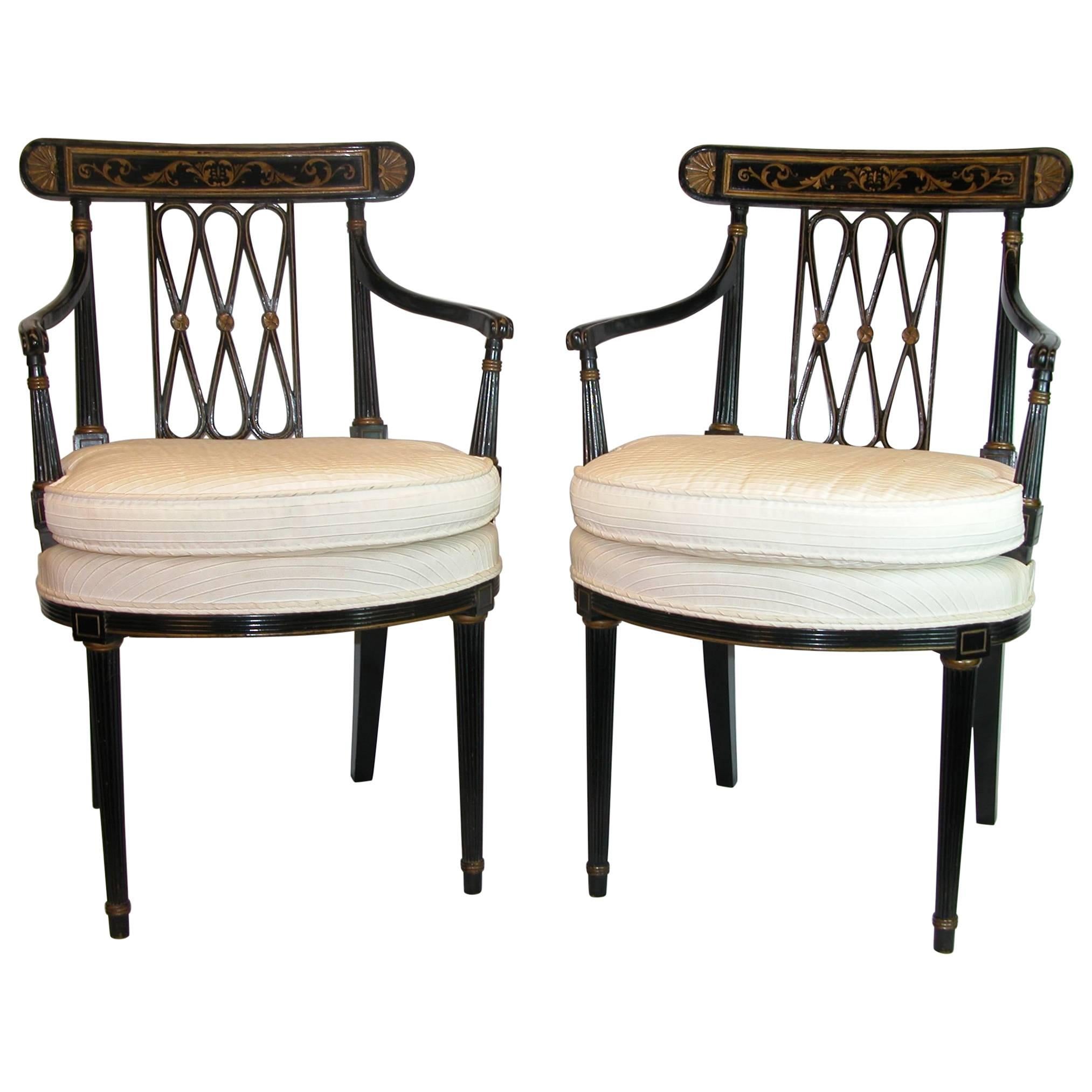 Pair Black Lacquered & Gold Decorated Diamond Back Regency Open Armchairs C 1850 For Sale