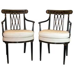 Pair of Black Lacquered & Gold Decorated Diamond Back Regency Open Armchairs 11
