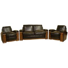 Art Deco Walnut and Leather Settee with Chairs