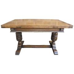 Quality Antique Carved Oak Extending Refectory Dining Table