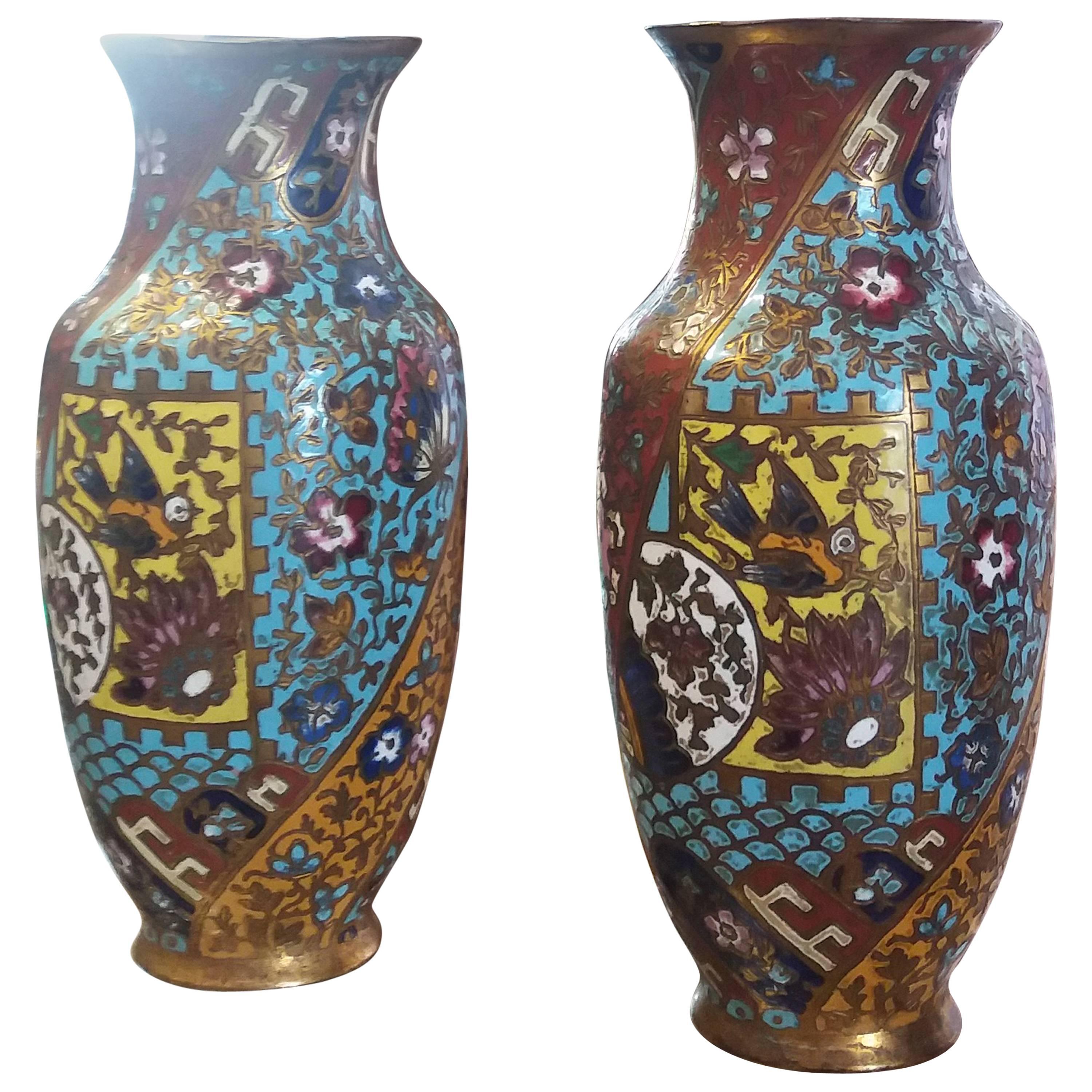 Pair of 19th Century Napoleon III French Cloisonnè Vases, 1880 For Sale