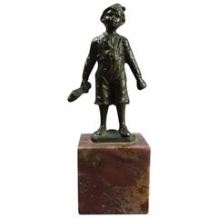 Antique Figural Cast Bronze Sculpture of Young Boy with Shoe on Marble Base