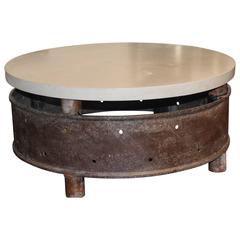 Reclaimed Industrial Wheel with Limestone Top as Coffee Table