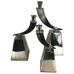 Three Graduated Horn and Silvered Metal Candlesticks