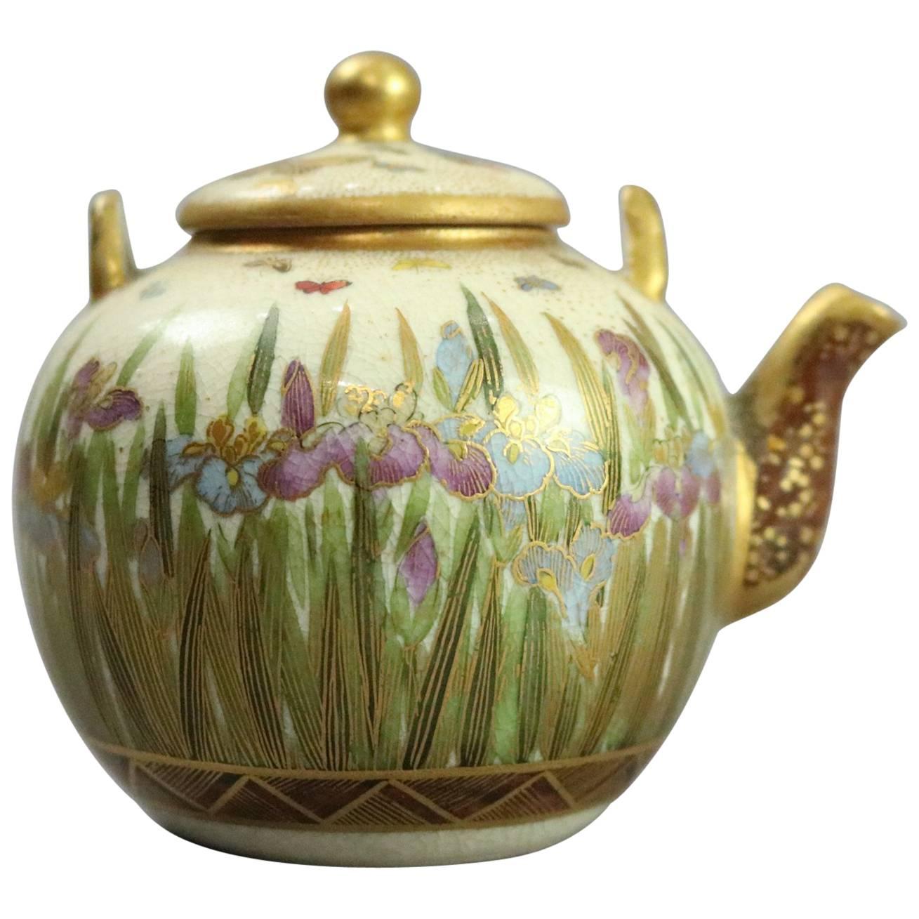 Antique Miniature Japanese Satsuma Hand-Painted & Gilt Tea Pot Iris Garden