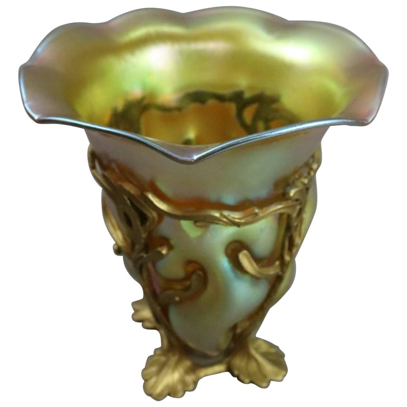 Antique Art Nouveau Tiffany Favrile Art Glass & Bronze Vase, Signed, circa 1920