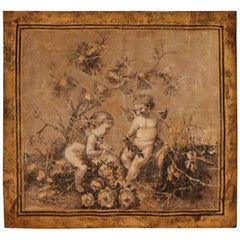 Panneau peint à la main de style français avec putti, arbre et fleurs