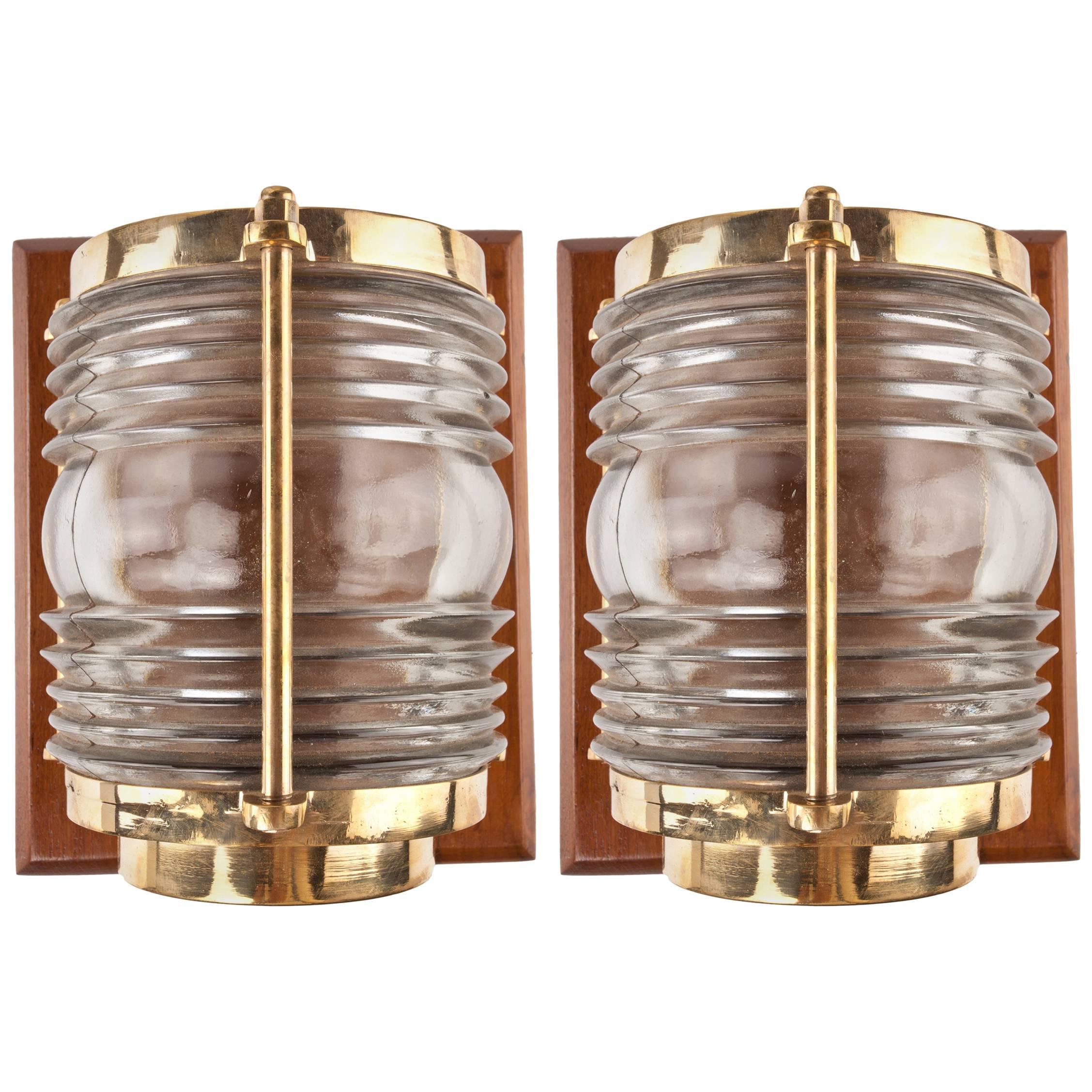 Pair of Ship's Brass Nautical Sconce Lights with Fresnel Lens