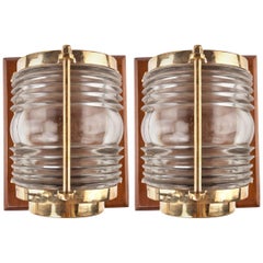 Retro Pair of Ship's Brass Nautical Sconce Lights with Fresnel Lens