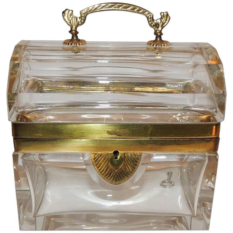 Beautiful French Dome Handled Clear Crystal Glass Doré Bronze Casket