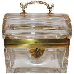 Vintage Beautiful French Dome Handled Clear Crystal Glass Doré Bronze Casket Jewelry Box