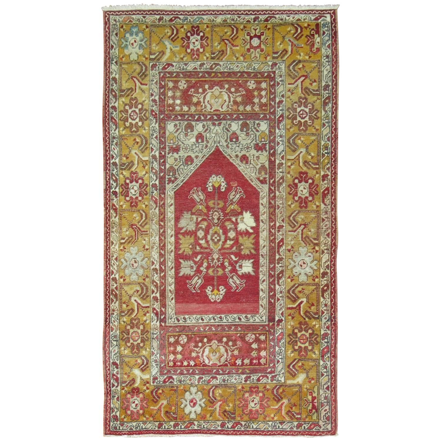 Red 20th Century Hand knotted Antique Turkish Prayer Design Throw Rug