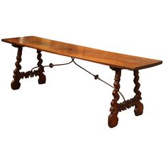 18th Century Spanish Carved Chestnut Console Table with Wrought Iron Stretcher