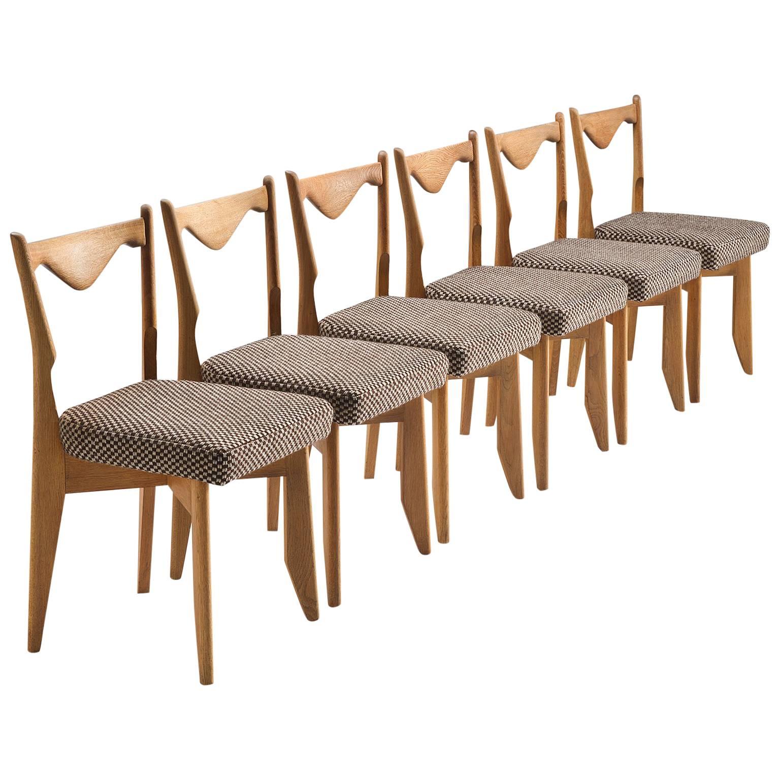 Guillerme & Chambron Set of Six Dining Chairs in Oak and Fabric Seating