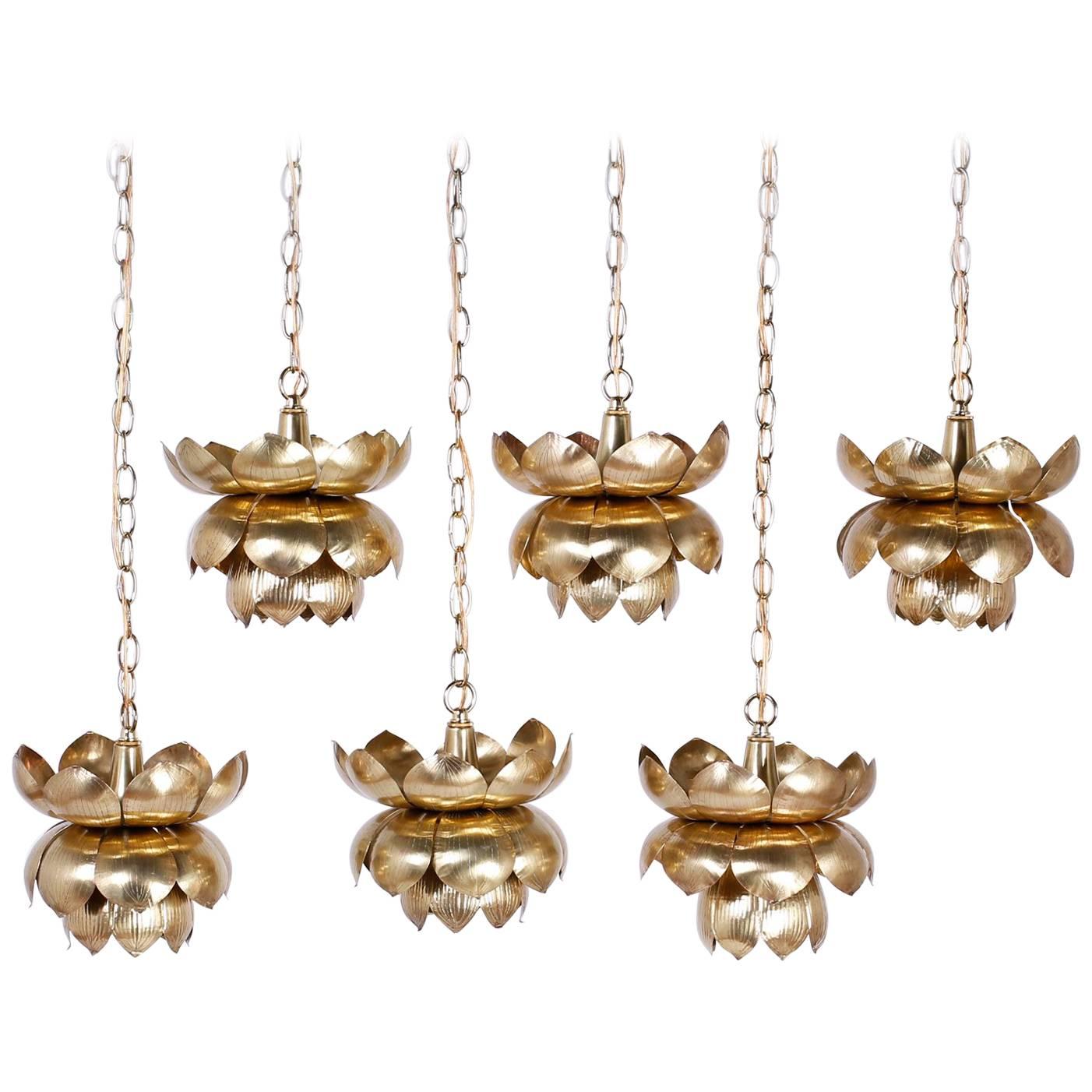 Group of Six Brass Lotus Light Pendants or Chandeliers