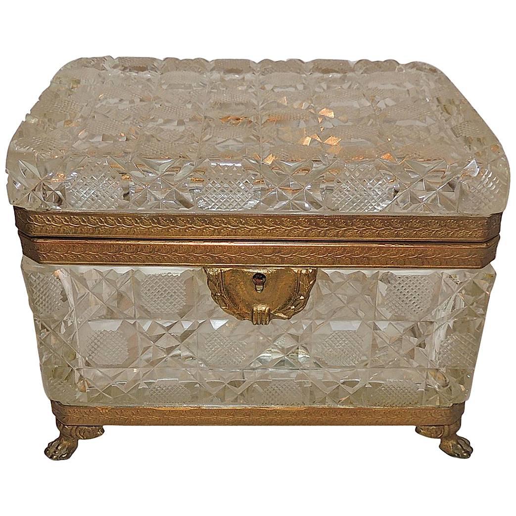 Wonderful French Faceted Crystal Bronze Ormolu-Mounted Footed Casket Jewelry Box