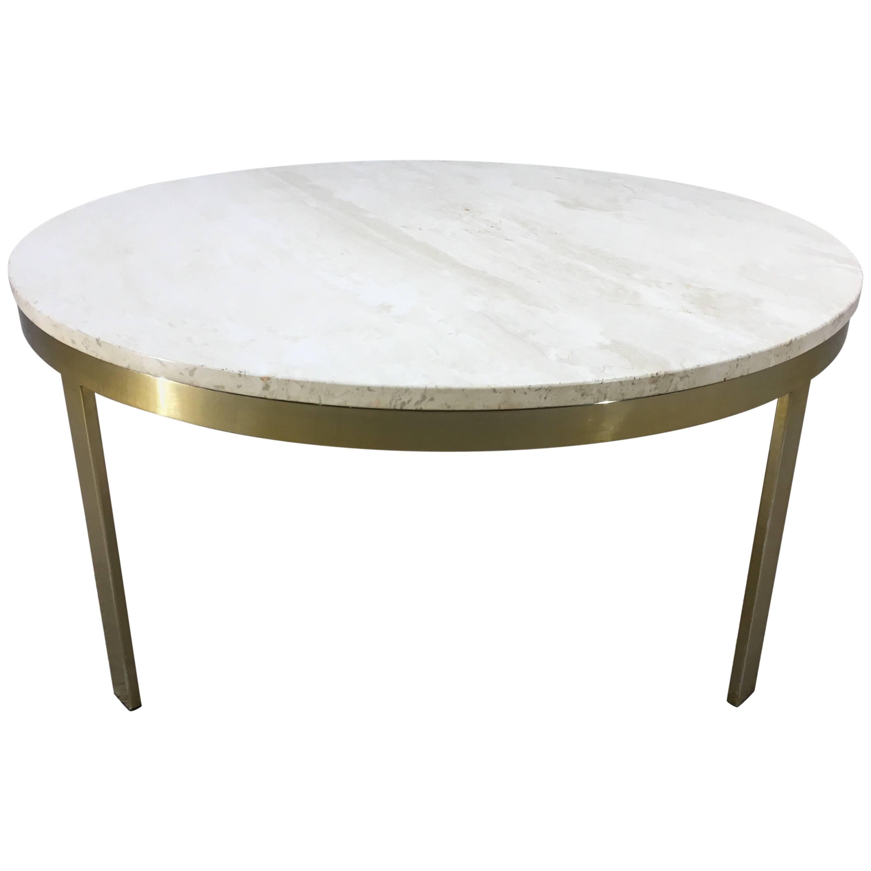 Circular Milo Baughman Style Breccia Marble Top Cocktail Table with ...