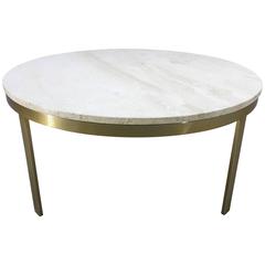 Circular Milo Baughman Style Breccia Marble Top Cocktail Table with Brass Base