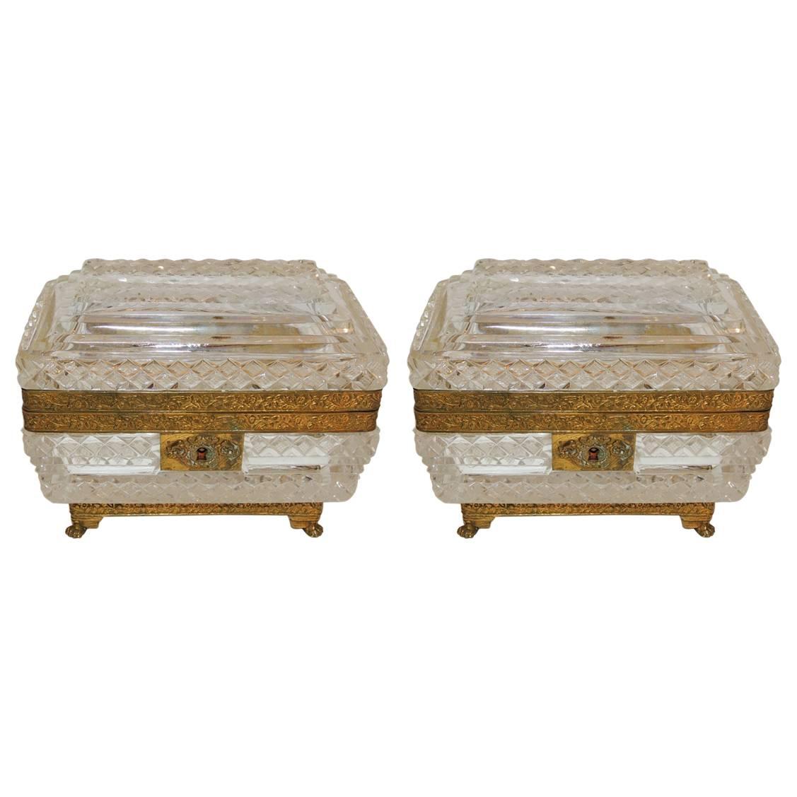 French Pair of Cut Crystal Bronze Ormolu Footed Mounted Casket Jewelry Box