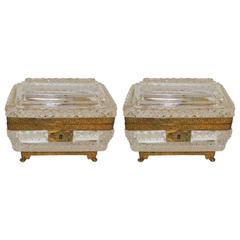 Vintage French Pair of Cut Crystal Bronze Ormolu Footed Mounted Casket Jewelry Box