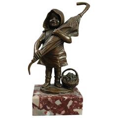 Miniature Antique Bronze Sculpture, Little Girl with Umbrella and Flowers, c1900