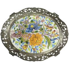 Antique English Floral Hand-Painted Porcelain & Sterling Silver Card Tray, c1880
