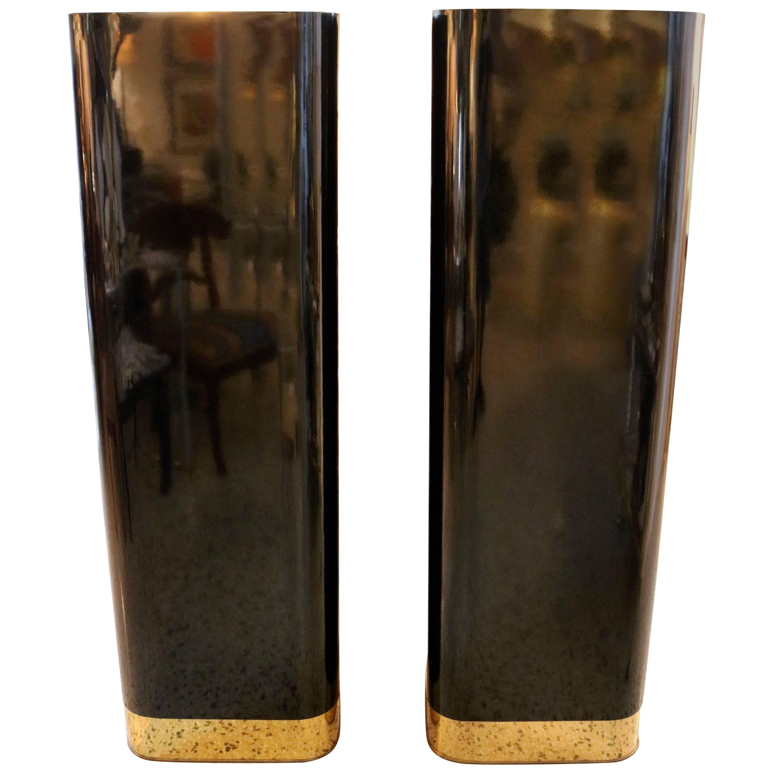 Pair of  Pedestals in Black Laminate and Polished Brass Trim