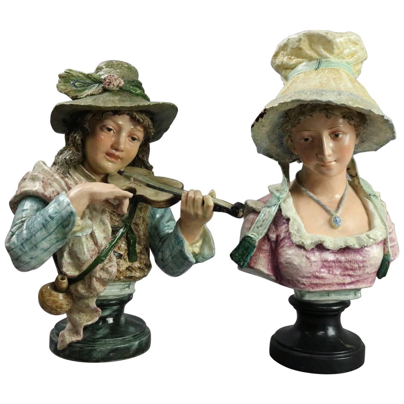 Pair of Antique German Majolica Pottery Busts, Young Woman and Musician