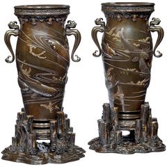 Antique Pair of Exhibition Quality Meiji Period Bronze Vases