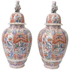 Pair of Hand-Painted, Artisan, French Faience Lidded Vases